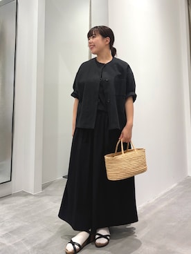「かぐれ（カグレ）のノーカラーハーフスリーブジャケット（ノーカラージャケット、ブラック系）」を使った、こもりさん（レディース・146cm）の夏コーディネート