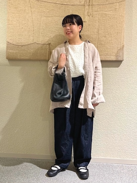 「かぐれ（カグレ）の『ユニセックス』ドライリネンボックスシャツ（シャツ/ブラウス、ピンク系）」を使った、こもりさん（レディース・146cm）の春コーディネート