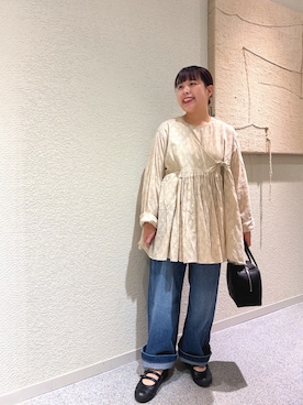 「かぐれ（カグレ）のカットJQアンガルカシャツ（シャツ/ブラウス、ベージュ系）」を使った、こもりさん（レディース・146cm）の夏コーディネート