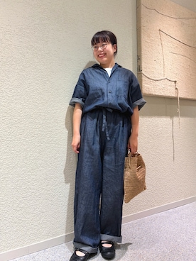 「かぐれ（カグレ）の綿麻デニムハーフスリーブオールインワン（その他パンツ、ブルー系）」を使った、こもりさん（レディース・146cm）の夏コーディネート
