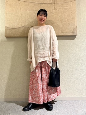 「かぐれ（カグレ）のリネンボイルワイドプルオーバー（シャツ/ブラウス、ピンク系）」を使った、こもりさん（レディース・146cm）の春コーディネート