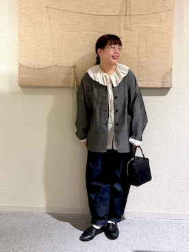 「かぐれ（カグレ）のウールリネンノーカラージャケット（ノーカラージャケット、ブラック系）」を使った、こもりさん（レディース・146cm）の秋コーディネート