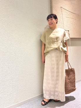 「かぐれ（カグレ）のリネンサークルプルオーバー（シャツ/ブラウス、ベージュ系）」を使った、こもりさん（レディース・146cm）の夏コーディネート