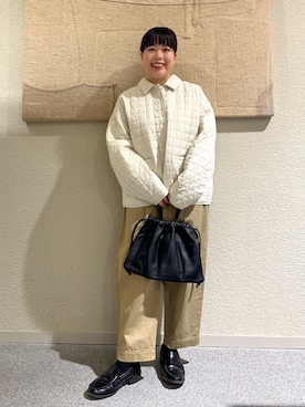 「かぐれ（カグレ）のコットンキルトジャケット（ダウンジャケット/コート、ホワイト系）」を使った、こもりさん（レディース・146cm）の春コーディネート