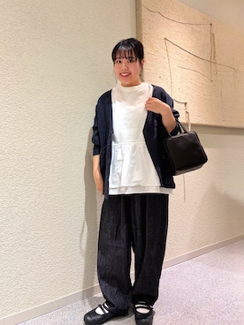 「かぐれ（カグレ）の綿麻デニムボリュームパンツ（デニムパンツ、ブルー系）」を使った、こもりさん（レディース・146cm）の春コーディネート