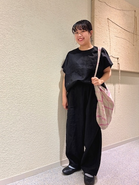 「かぐれ（カグレ）のリネンサークルプルオーバー（シャツ/ブラウス、ブラック系）」を使った、こもりさん（レディース・146cm）の春コーディネート