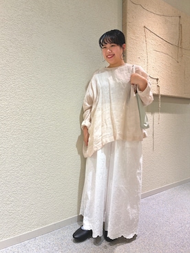 「かぐれ（カグレ）のリネンボイルワイドプルオーバー（シャツ/ブラウス、ピンク系）」を使った、こもりさん（レディース・146cm）の春コーディネート