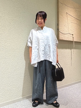「かぐれ（カグレ）のリネンスクエアケープシャツ（シャツ/ブラウス、グレー系）」を使った、こもりさん（レディース・146cm）の春コーディネート