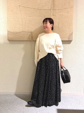 「かぐれ（カグレ）のドライコットンボートネックニット（ニット/セーター、ホワイト系）」を使った、こもりさん（レディース・146cm）の秋コーディネート