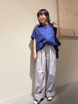 「かぐれ（カグレ）のギンガムタックワイドパンツ（その他パンツ、グレー系）」を使った、こもりさん（レディース・146cm）の春コーディネート