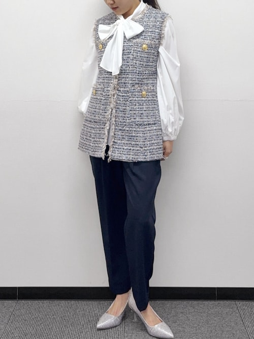 3点セット】ツイードジレ ボウタイブラウス テーパードパンツ