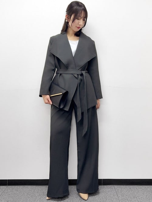 セール】ビッグカラー リボンベルト付きジャケット ワイドパンツ