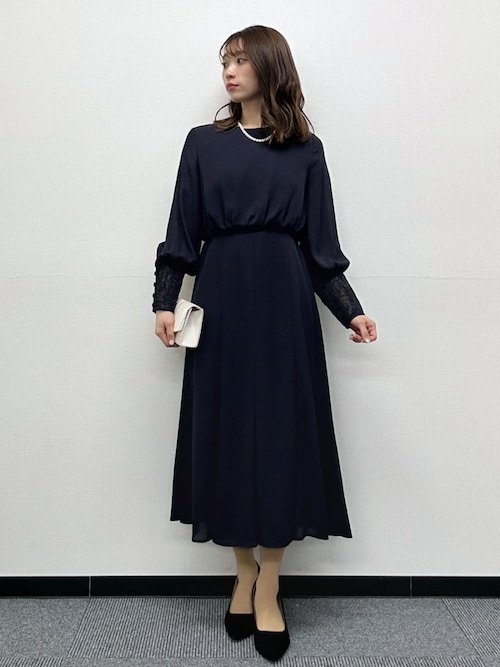 セール】【喪服・礼服】レースカフスブラウジングマーメイドワンピース