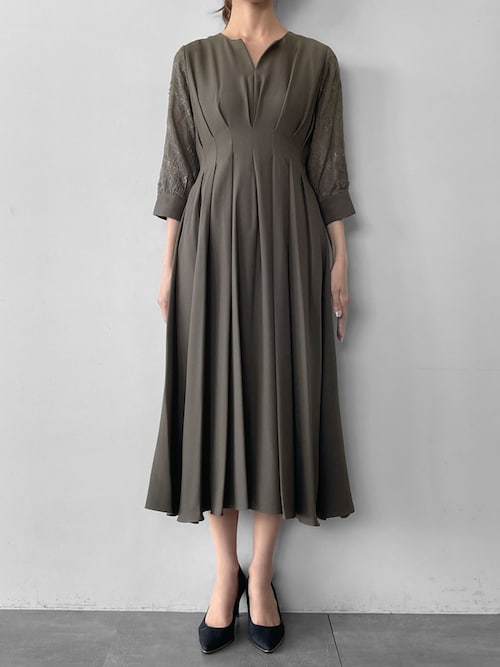 セール】レーススリーブXラインキーネック ロング 結婚式 ワンピース