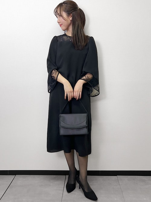 喪服・礼服】レース切替えフレアスリーブIラインワンピース ブラック