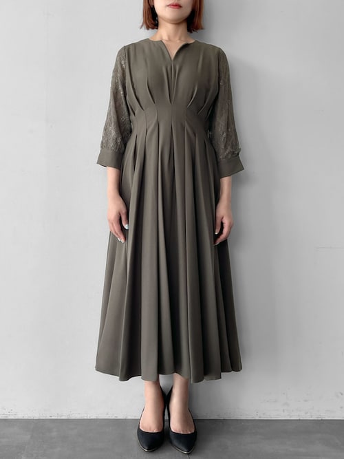 セール】レーススリーブXラインキーネック ロング 結婚式 ワンピース