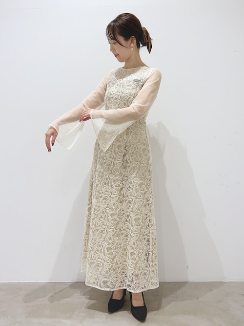 セール】リーフエンブロイダリーバックデザインドレス シアー