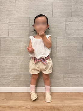 「しまむら（シマムラ）のアイテム（タンクトップ、ホワイト系）」を使った、medoi2さん（キッズ・80cm）の夏コーディネート