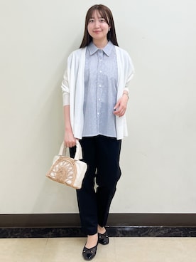 「Reflect（リフレクト）の【接触冷感】フレンチスリーブシャツブラウス（シャツ/ブラウス、ブルー系）」を使った、mikikoさん（レディース・160cm）の夏コーディネート