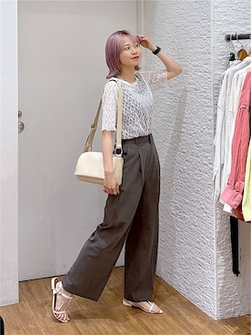 「GLOBAL WORK（グローバルワーク）のウツクシDRYワイドストレートパンツ/636547（その他パンツ、ブラウン系）」を使った、mhr01さん（レディース・158cm）の夏コーディネート