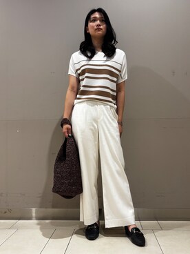 「INDIVI（インディヴィ）の【洗える】ガーター編みVネックニットT（ニット/セーター、ブラウン系）」を使った、やまさん（レディース・171cm）の春コーディネート
