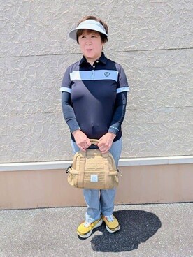 「adabat（アダバット）の【新レーベル ADABAT NAVY】UVカット/吸水速乾 カラーブロックポロシャツ（ポロシャツ、ブラック系）」を使った、leok1110さん（レディース）の夏コーディネート