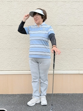 「adabat（アダバット）の【ADABAT NAVY】UVカット ランダムボーダー半袖ポロシャツ（ポロシャツ、ブルー系）」を使った、leok1110さん（レディース）の夏コーディネート
