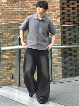 「Zooodle（ズードル）のMicro Check Short Sleeve Shirt - マイクロチェック半袖シャツ -（シャツ/ブラウス、ブラウン系）」を使った、うさマル〜休日のカフェ巡りコーデ〜さん（メンズ・178cm）の秋コーディネート