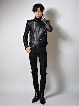 「アイテム（ライダースジャケット）」を使った、Tsuguya/KwonSayaさん（メンズ・175cm）の冬コーディネート