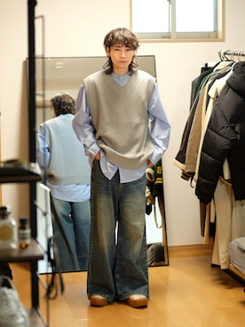 「RUUBON（ルーボン）のアイテム（ベスト）」を使った、Tsuguya/KwonSayaさん（メンズ・175cm）の春コーディネート