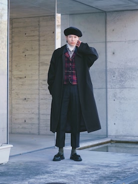 「冬コーデ」｜「アイテム（ハンチング/ベレー帽）」を使った、Tsuguya/KwonSayaさん（メンズ・174cm）の冬コーディネート