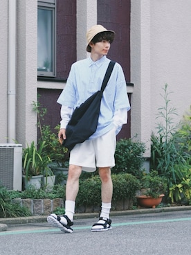 「無印良品（ムジルシリョウヒン）のアイテム（帽子）」を使った、Tsuguya/KwonSayaさん（メンズ・174cm）の夏コーディネート