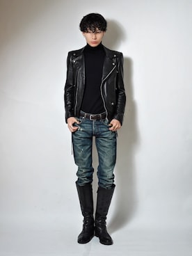 「アイテム（ライダースジャケット）」を使った、Tsuguya/KwonSayaさん（メンズ・175cm）の冬コーディネート