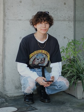「Champion（チャンピオン）のアイテム（Tシャツ/カットソー）」を使った、Tsuguya/KwonSayaさん（メンズ・174cm）の夏コーディネート