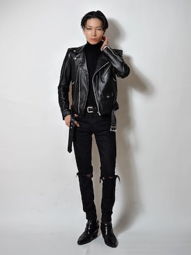 「アイテム（ライダースジャケット）」を使った、Tsuguya/KwonSayaさん（メンズ・175cm）の秋コーディネート