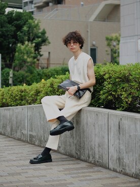 「FRED PERRY（フレッドペリー）のアイテム（ローファー）」を使った、Tsuguya/KwonSayaさん（メンズ・174cm）の夏コーディネート