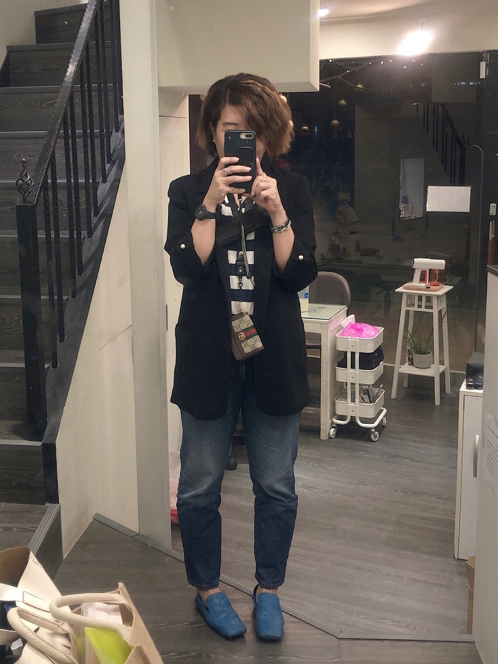 「ZARA WOMANのアイテム（テーラードジャケット、ブラック系）」を使った、joyce yangさん（レディース・158cm）の夏コーディネートの1枚目の写真