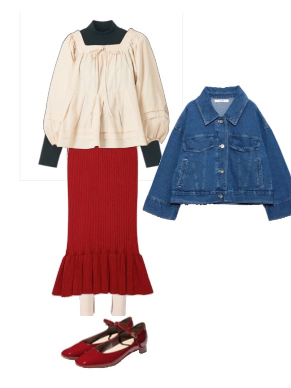 レッド系のスカート、ブルー系のデニムジャケット、ブラウン系のパンプスを着用したレディースの春コーディネートの1枚目の写真