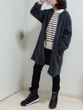 「ボーダー」｜「アイテム（ノーカラーコート）」を使った、ハナコユキさん（レディース・158cm）の冬コーディネート