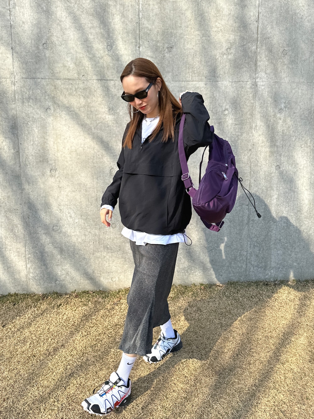 「マーメイドスカート、オトナカジュアル、春夏コーデ、春アウター、春服みてみて」｜「mignonのアイテム（バックパック/リュック、パープル系）」を使った、mioさん（レディース・165cm）の春コーディネートの1枚目の写真