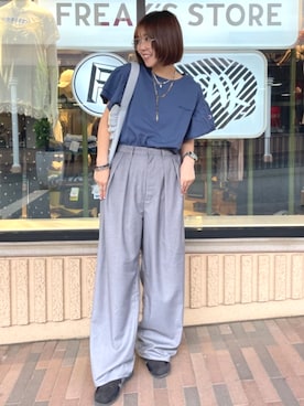 「FREAK'S STORE（フリークスストア）の限定展開 Champion × FREAK'S STORE/チャンピオン 別注 フリル袖 トップス（Tシャツ/カットソー、ブルー系）」を使った、FREAK'S STORE HEAD OFFICE WOMENさん（レディース・159cm）の夏コーディネート