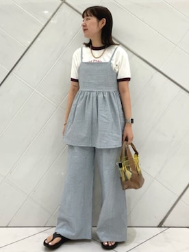 「FREAK'S STORE（フリークスストア）のFRUIT OF THE LOOM × FREAK'S STORE/フルーツオブザルーム 別注 クリア ミニトートバッグ/PVCトートバッグ（ショルダーバッグ、イエロー系）」を使った、FREAK'S STORE HEAD OFFICE WOMENさん（レディース・159cm）の夏コーディネート
