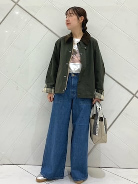 「FREAK'S STORE（フリークスストア）のBarbour | FREAK'S STORE/バブアー 別注 TRANSPORT JACKET/トランスポートジャケット（ブルゾン、グリーン系）」を使った、FREAK'S STORE HEAD OFFICE WOMENさん（レディース・147cm）の夏コーディネート