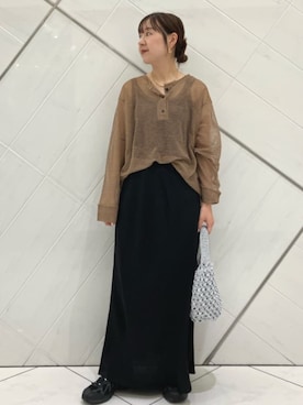 「FREAK'S STORE（フリークスストア）のヘンリーシアーボーダープルオーバー（Tシャツ/カットソー、ベージュ系）」を使った、FREAK'S STORE HEAD OFFICE WOMENさん（レディース・159cm）の夏コーディネート