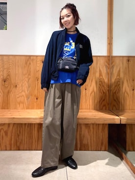 「FREAK'S STORE（フリークスストア）のUMBRO × FREAK'S STORE/アンブロ 別注 Corduroy Stand Collar Blouson/別注 コーデュロイ スタンドカラー ブルゾン（ブルゾン、ブルー系）」を使った、FREAK'S STORE HEAD OFFICE WOMENさん（レディース・154cm）の秋コーディネート