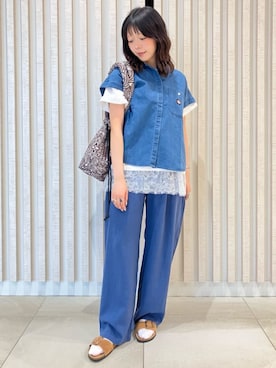 「FREAK'S STORE（フリークスストア）のRED KAP × FREAK'S STORE/レッドキャップ リネンレーヨン 紐付き イージーパンツ＜セットアップ対応＞（その他パンツ、ブルー系）」を使った、FREAK'S STORE HEAD OFFICE WOMENさん（レディース・159cm）の夏コーディネート