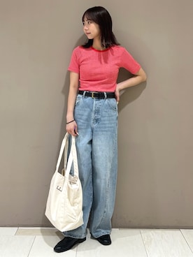 「FREAK'S STORE（フリークスストア）のシンチバックデニムパンツ/ワイドデニムパンツ（デニムパンツ、ブルー系）」を使った、FREAK'S STORE HEAD OFFICE WOMENさん（レディース・147cm）の夏コーディネート
