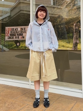 「FREAK'S STORE（フリークスストア）のFRUIT OF THE LOOM × FREAK'S STORE/フルーツオブザルーム 別注 シアー ストライプ フードシャツ（シャツ/ブラウス、ブルー系）」を使った、FREAK'S STORE HEAD OFFICE WOMENさん（レディース・159cm）の夏コーディネート