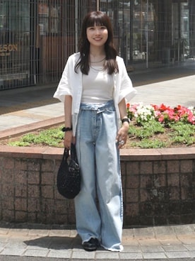 「FREAK'S STORE（フリークスストア）のバギーデニムパンツ/ワイドデニム（デニムパンツ、ブルー系）」を使った、FREAK'S STORE HEAD OFFICE WOMENさん（レディース・159cm）の夏コーディネート