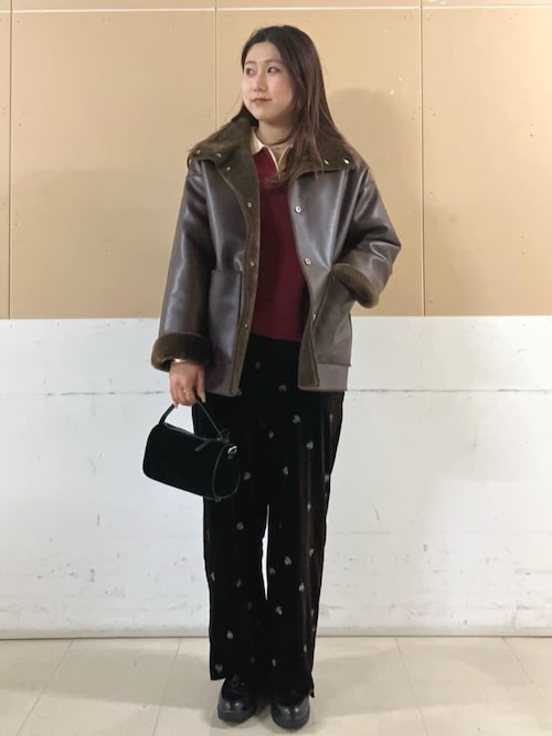 セール】ファーボア スタンドコート/レザレット 裏ボア 配色 コート